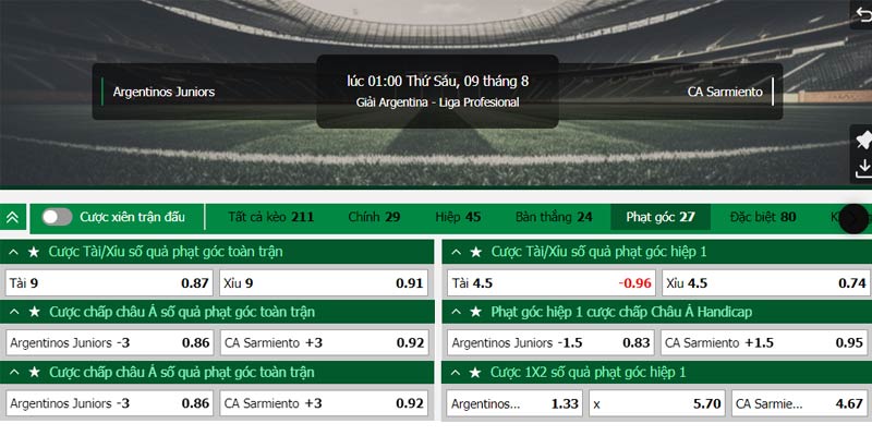 Ví dụ về kèo chấp, kèo tài xỉu, kèo châu Âu phạt góc trong trận đấu giữa Argentinos Juniors vs CA Sarmiento thuộc giải VĐQG Argentina